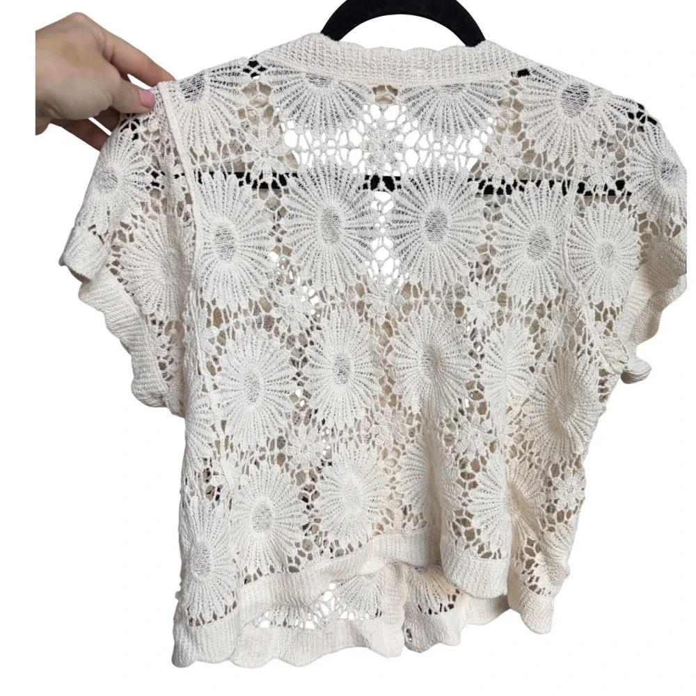 Rebellion Crochet Cardigan Cream Boho Floral Open Knit Button Front Size M - Picture 7 of 9